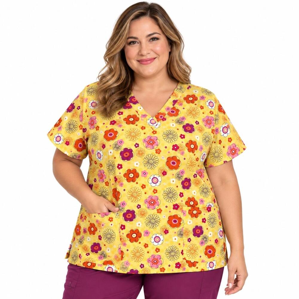 Tunic Blouse Womens Size 2X Yellow Floral V Neck Scrub Top Pockets